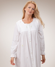 Plus Size 1X to 4X La Cera Flower Embroidery Long Sleeve Cotton Robe/Button-Front Nightgown - White