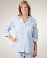 Miss Elaine 3/4-Sleeve Seersucker Pajamas in Blue Stripe