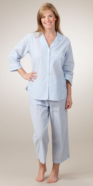 Miss Elaine 3/4-Sleeve Seersucker Pajamas in Blue Stripe