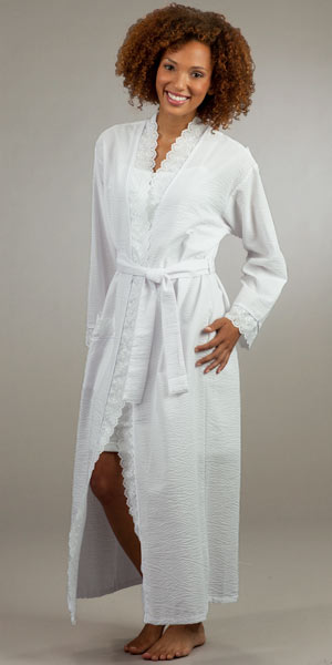 Sale - Eileen West Robes - Cotton-Rich Seersucker White Wrap Robe - Ballet Length