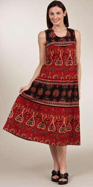 Plus Size La Cera Dress - Soft & Easy 100% Cotton Sleeveless in Rustic Burgundy Print