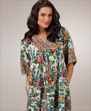 Sale XL Cotton Mid-Length Short Sleeve Lounger Caftan by La Cera - Ivory Tapestry Print