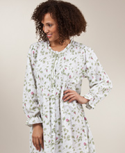 Plus Sized 1X to 4X La Cera  Long Sleeve Cotton Robe/Button-Front Nightgown - Blooming Vines