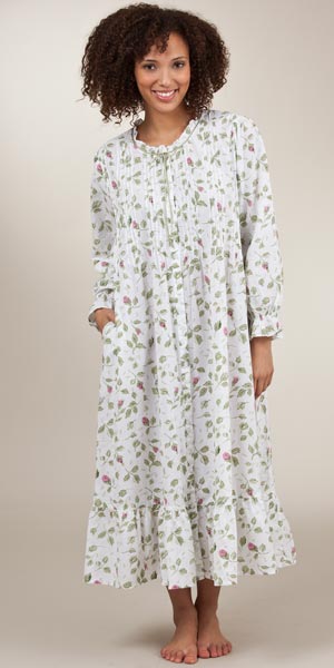 Plus Sized 1X to 4X La Cera  Long Sleeve Cotton Robe/Button-Front Nightgown - Blooming Vines