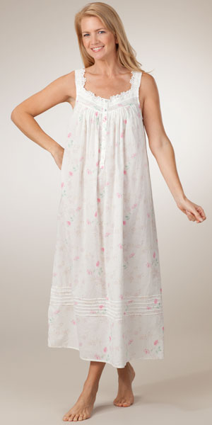 Plus Size Eileen West Peignoir Set - Cotton Lawn Sleeveless Gown and Robe in Tea Rose