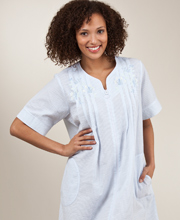 Seersucker Zip Front Robe by Miss Elaine - Short in Pale Blue Stripe