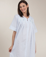 Plus Miss Elaine Seersucker Zip Front Robe - Long in Pale Blue Stripe