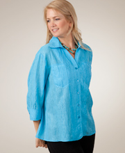 Southern Lady Casual Blouse with Collar - Embossed in Aqua