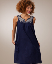 Embroidered Woven Cotton Sleeveless Casual Dress by La Cera - In the Navy