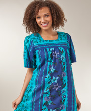 La Cera Short Sleeve Cotton Float Dress - Lounger Caftan in Plumeria Paisley 