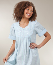Miss Elaine Seersucker Zip Robe - Short Waltz in Blue & Green Check
