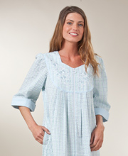 Plus Miss Elaine Zip Robe Seersucker - Long in Blue & Green Check