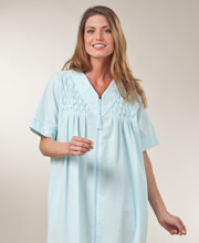 Plus Size Short Sleeve Miss Elaine Seersucker Zip Robe - Long in Turquoise