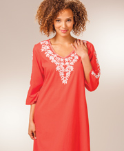 Embroidered Woven Cotton 2/3 Sleeve Caftan by La Cera - Coral Sunset