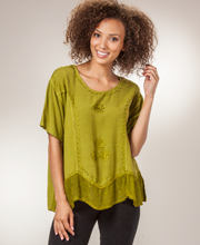 One Size Blouses - Short Sleeve Rayon Embroidered Women's Top in Olive