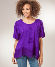 Womens Blouses - Short Sleeve Woven Rayon Embroidered Top in Purple
