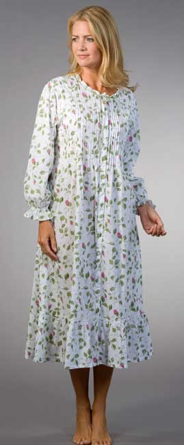 Cotton Robe La Cera ''Soft & Easy''  Long Sleeve Cotton Robe/Button-Front Nightgown - Blooming Vines