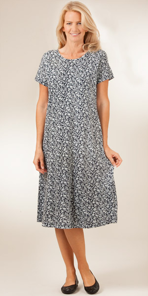 LaCera "Easy Fit" Knit A-Line Dress - Navy Daffodil Print