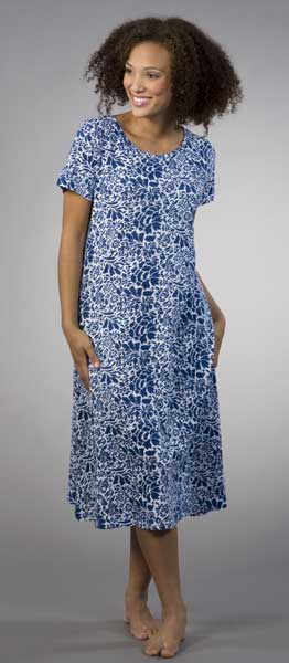 La Cera "Easy Fit" Knit A-Line Dress - Blue Floral on White