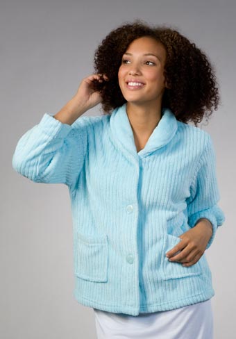 Angel Fleece Plus Size Ribbed Bed Jacket  -  Aqua