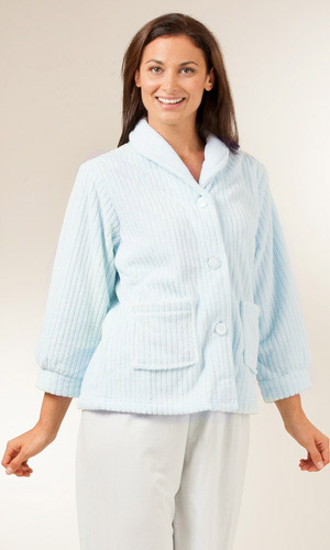 Angel Fleece Plus Size Ribbed Bed Jacket  - Light Blue