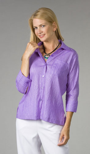 Last Ones 2X & 3X - Plus Size Southern Lady Casual Collared Blouse - Embossed in Lavender