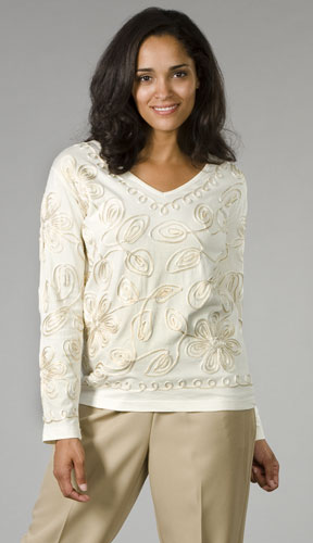 Keren Hart Casual Top - Cotton Knit Long Sleeve Top in Braided Ivory