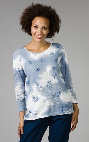 Clearance - Keren Hart 100% Cotton Knit 3/4-Sleeve Top - Blue Skies