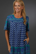 La Cera Lounger - Cotton Short Sleeve Muu Muu Housedress in Blue Daisy Print