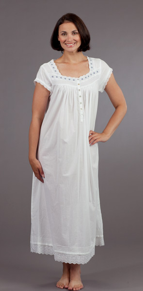 Sale - Nightgown by Eileen West - Cap Sleeve Cotton Ballet  in White with Navy Gingham