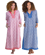 Woven Cotton Caftan - 2/3 Sleeve La Cera Lounger - Geo Blue or Coral