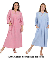 Plus Size Long 100% Cotton Seersucker Zip Front Robe Embroidered in Blue or Red Stripe
