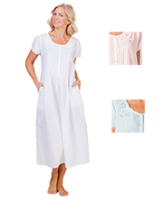 Soft & EasyCotton Gown - La Cera Lace-Trim White Short Sleeve Nightgown in White, Blue or Pink