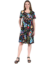 La Cera Dresses - Short Sleeve Cotton Knit A-Line Dress in Abstract Floral