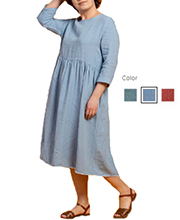 Smock Linen Dress Mid-Length 3/4 Sleeves in Cloudy Blue (Mint & Red also available)