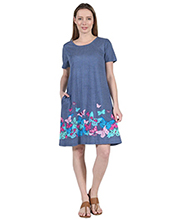 La Cera Knee Length Dress with Pockets - 100% Cotton Knit A-Line Dress - Butterfly Blue