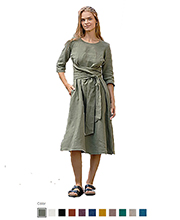 Linen A-line Dress with Wrap Belt and 3/4 Sleeve in Stone Green (and more colors)