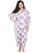 Plus Size La Cera White Floral Woven Cotton Pajamas - Long Sleeve Sunny Peony 