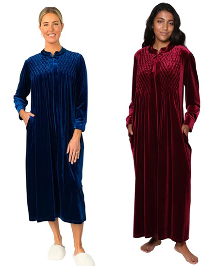 Smocked Cozy Velour Zipper Long Caftan Robe by La Cera in Royal and Wine