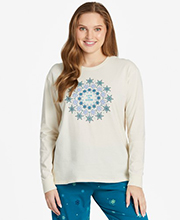 Life is Good Women's Snowflake Mandala Long Sleeve Snuggle Up Relaxed Sleep T-Shirt in Putty White  | 100% Cotton