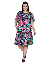 Plus Size 100% Cotton Dress with Pockets -  Knit Short Sleeve by La Cera in Fruity Floral