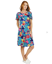Dresses with pockets by La Cera - Knee Length Cotton Knit  A-Line In Royal Floral Motif