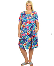 Plus Size Dresses with pockets by La Cera - Knee Length Cotton Knit  A-Line In Royal Floral Motif