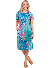 La Cera Dresses - Cotton Knit A-Line Blue Dress in Seaside Garden