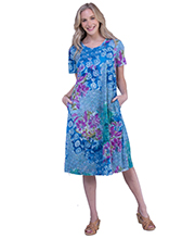 La Cera Plus Dresses - Cotton Knit A-Line Blue Dress in Seaside Garden