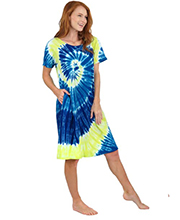 La Cera Knee Length Dress with Pockets - 100% Cotton Knit A-Line Dress - Yellow-Turq Tie Dye