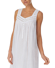 Eileen West Long Sleeveless Textured Cotton-Rich Dotted Nightgown - White Delight