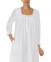 Eileen West Long Sleeve 100% Cotton Nightgown -  Ballet Length in Dazzling White