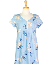 Miss Elaine Short Sleeve 100% Cotton Knit Long Nightgown - Misty Blue Floral