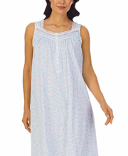 Eileen West Cotton Knit Sleeveless Long Nightgown in Blue Petal Toss